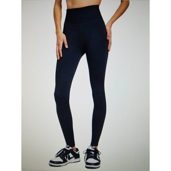 GOOD AMERICAN Wide Rib Shine Seamless Compression Leggings Black 3/4 = L/XL - Picture 3 of 11
